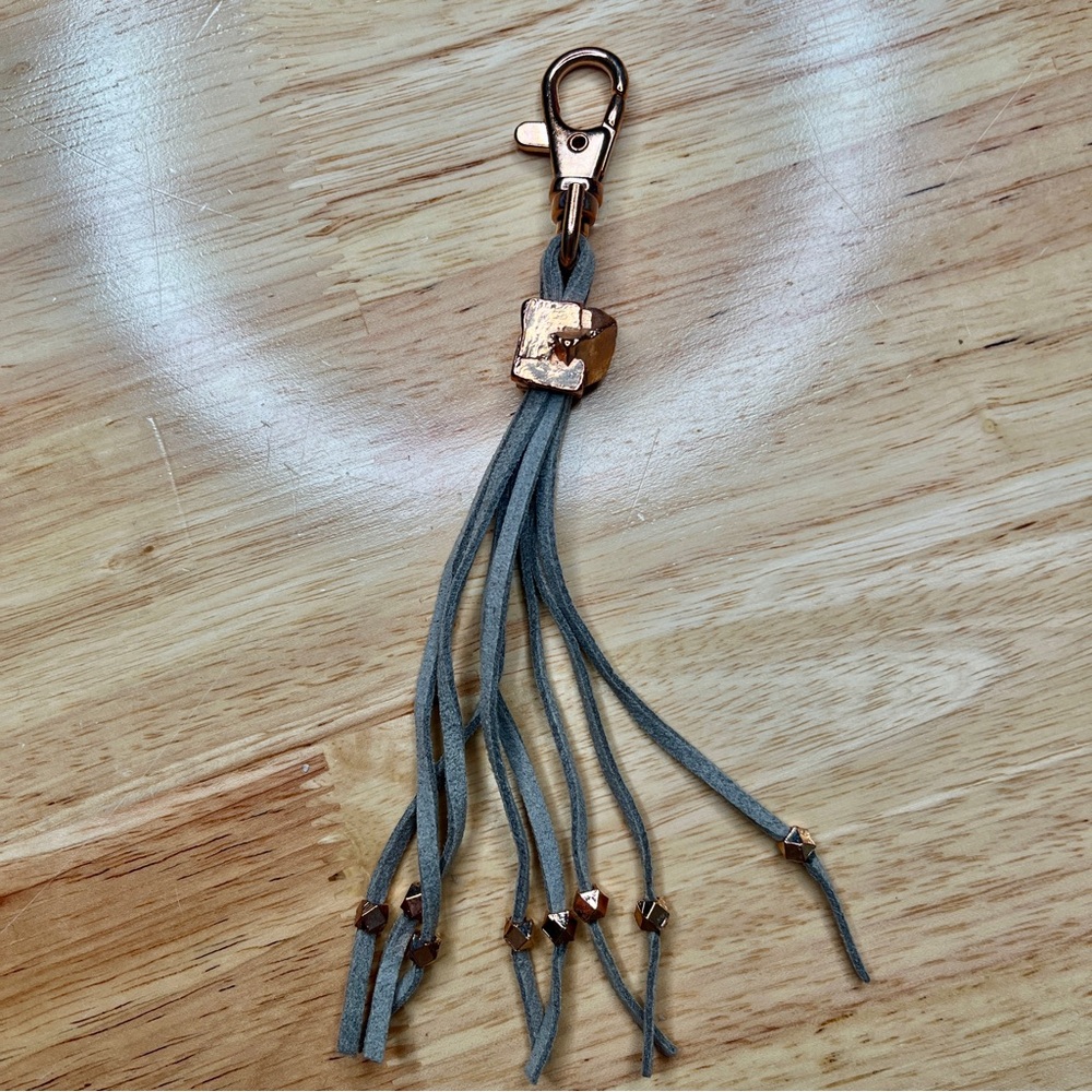 Gray Faux Leather Rose Gold Stone Tassel Beaded Boho Keychain NWOT - Picture 2 of 4